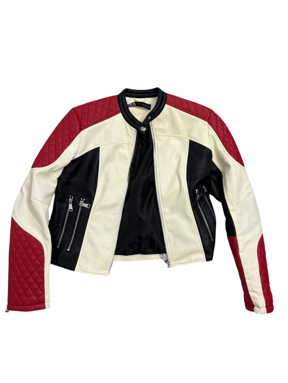 Zara Red, White & Black Quilted Moto Jacket